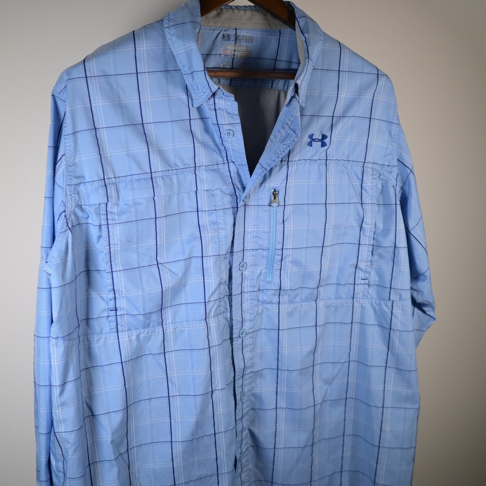 Under Armour HeatGear Mens 2XL Blue Plaid Long Sleeve Fishing Shirt Ventilated